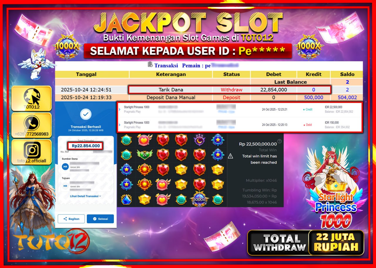 HANYA DI TOTO12 JP PASTI DI BAYAR LUNAS DAN CEPAT!!!!!! JACKPOT SLOT GAME (STARLIGHT PRINCESS 1000) Rp.22.854.000 !!!!