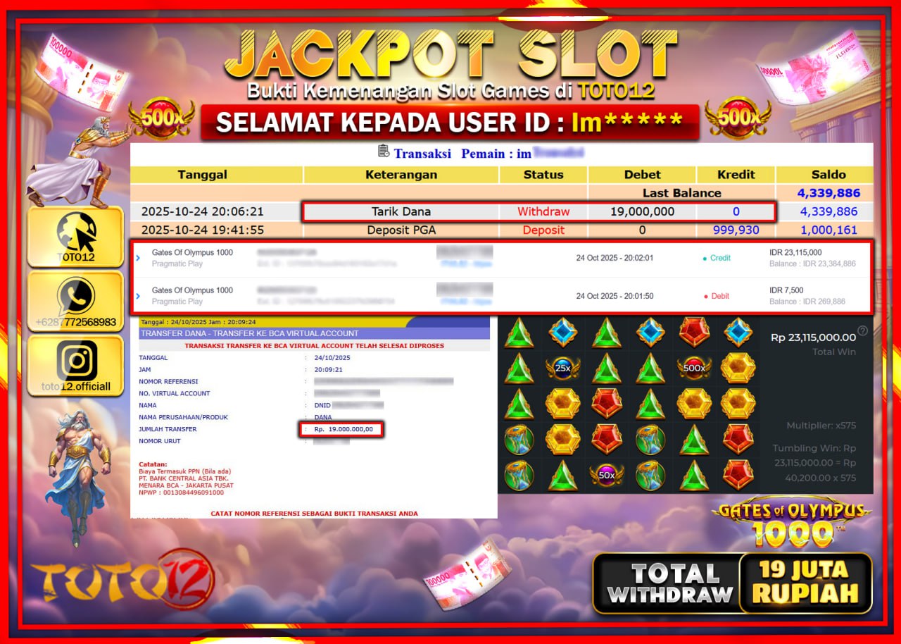 HANYA DI TOTO12 JP PASTI DI BAYAR LUNAS DAN CEPAT!!!!!! JACKPOT SLOT GAME (GATES OF OLYMPUS 1000) Rp.19.000.000 !!!!