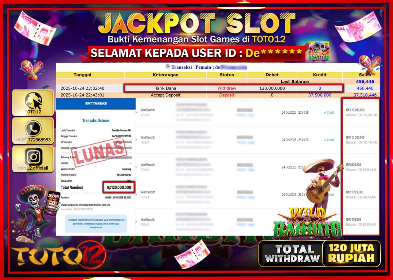 HANYA DI TOTO12 JP PASTI DI BAYAR LUNAS DAN CEPAT!!!!!! JACKPOT SLOT GAME (WILD BANDITO) Rp.120.000.000 !!!!