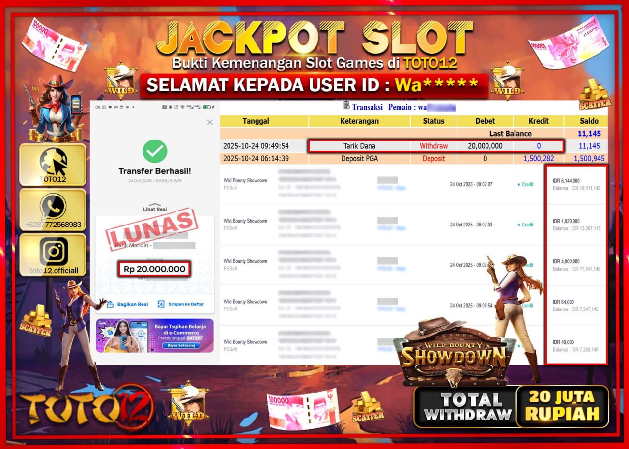 HANYA DI TOTO12 JP PASTI DI BAYAR LUNAS DAN CEPAT!!!!!! JACKPOT SLOT GAME (WILD BOUNTY SHOWDOWN) Rp.20.000.000 !!!!