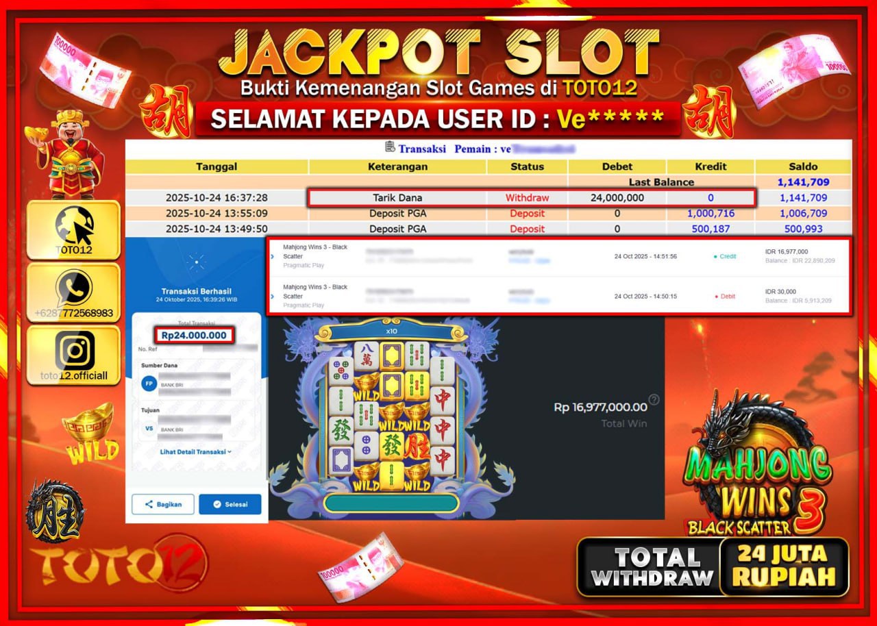 HANYA DI TOTO12 JP PASTI DI BAYAR LUNAS DAN CEPAT!!!!!! JACKPOT SLOT GAME (MAHJONG WINS 3 BLACK SCATTER) Rp.24.000.000 !!!!