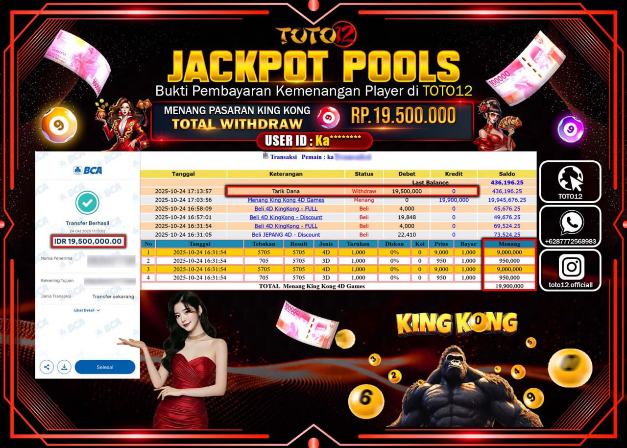 HANYA DI TOTO12 JP PASTI DI BAYAR LUNAS DAN CEPAT!!!!!! JACKPOT POOLS PASARAN (KING KONG) Rp.19.500.000 !!!!