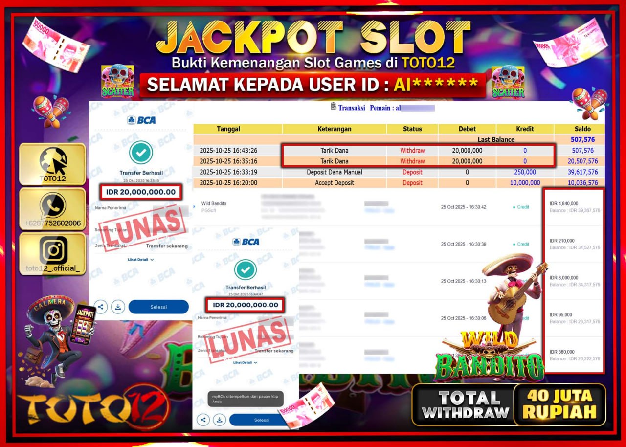 HANYA DI TOTO12 JP PASTI DI BAYAR LUNAS DAN CEPAT!!!!!! JACKPOT SLOT GAME (WILD BANDITO) Rp.40.000.000 !!!!