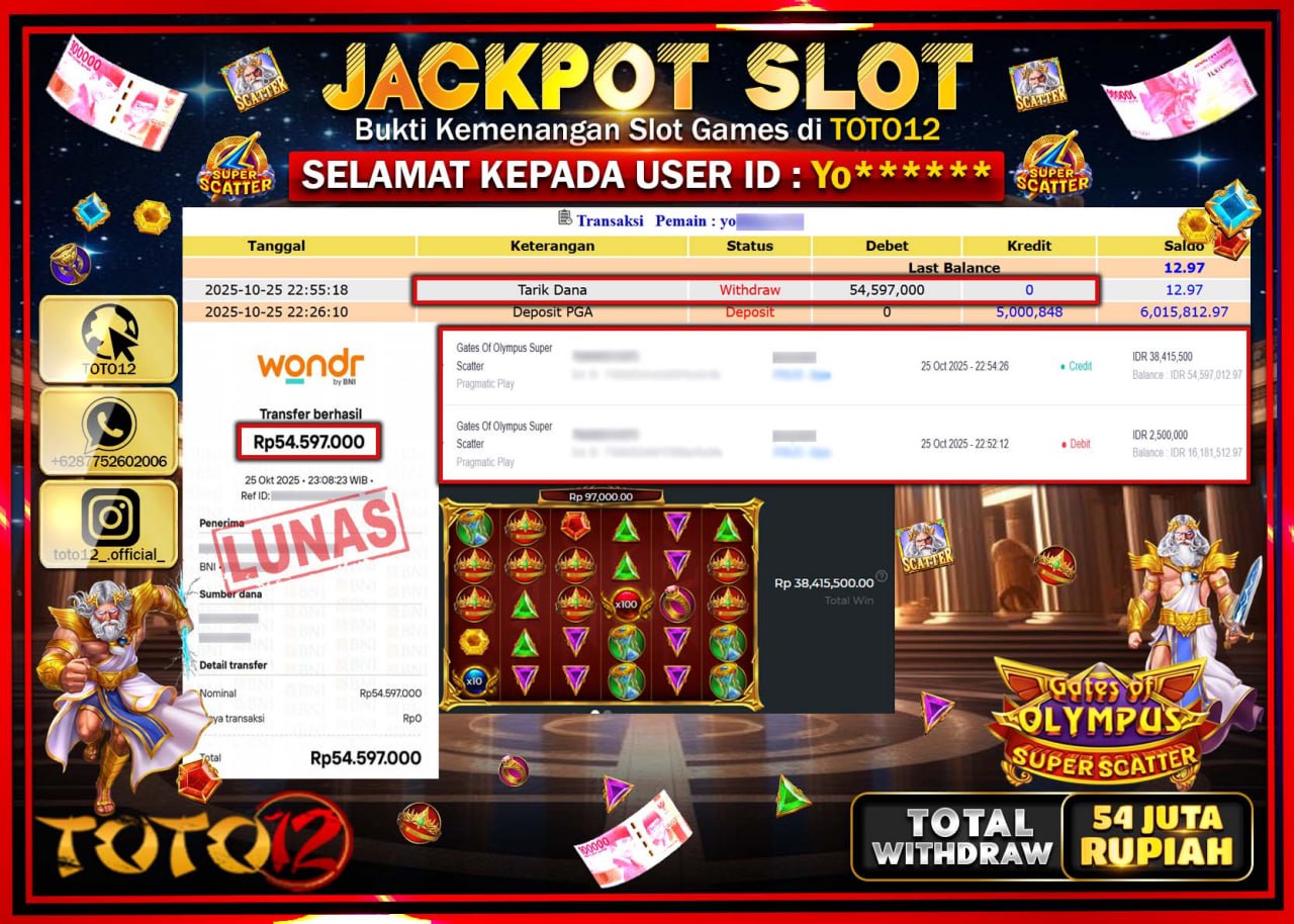 HANYA DI TOTO12 JP PASTI DI BAYAR LUNAS DAN CEPAT!!!!!! JACKPOT SLOT GAME (GATES OF OLYMPUS SUPER SCATTER) Rp.54.597.000 !!!!