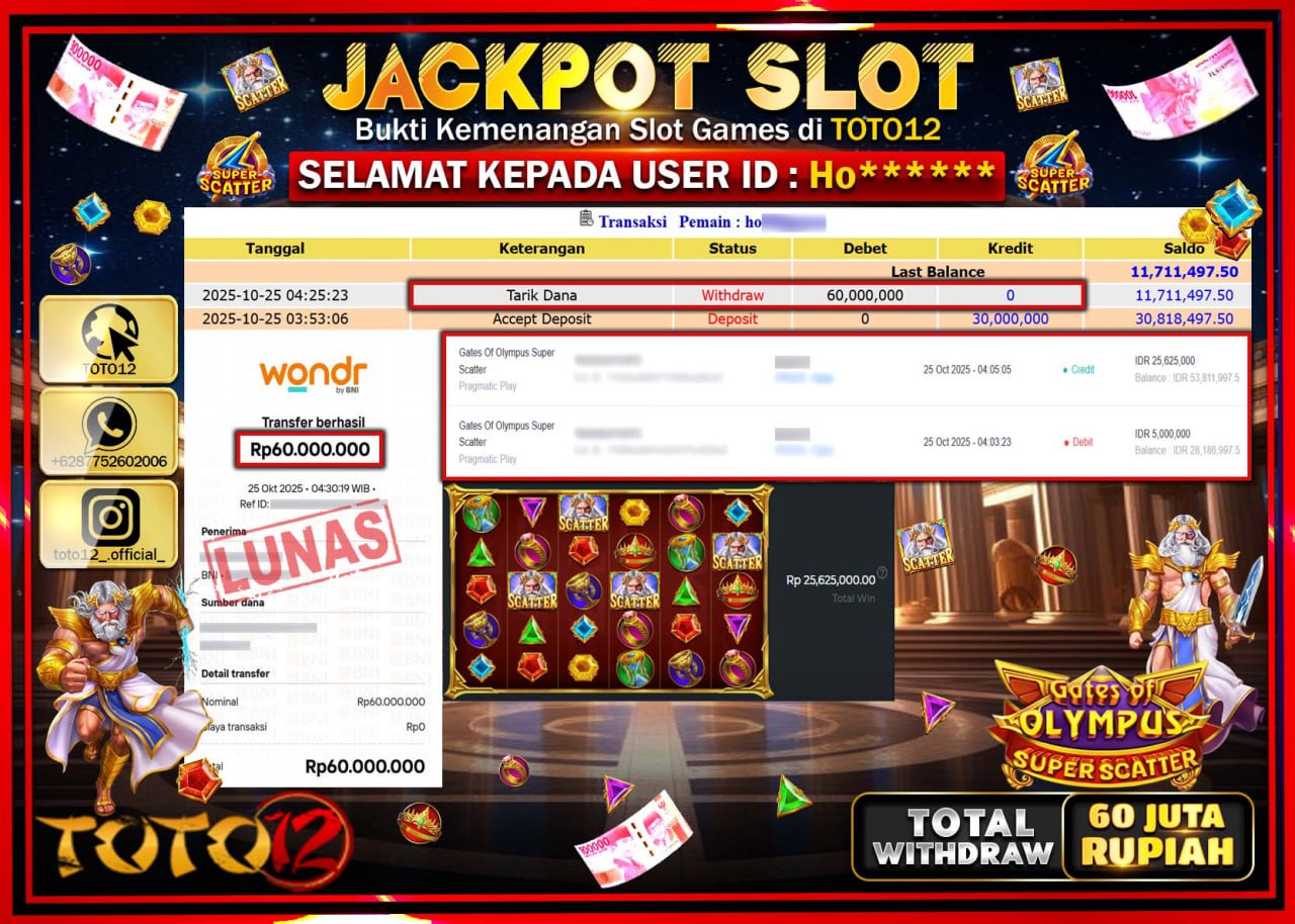 HANYA DI TOTO12 JP PASTI DI BAYAR LUNAS DAN CEPAT!!!!!! JACKPOT SLOT GAME (GATES OF OLYMPUS SUPER SCATTER) Rp.60.000.000 !!!!