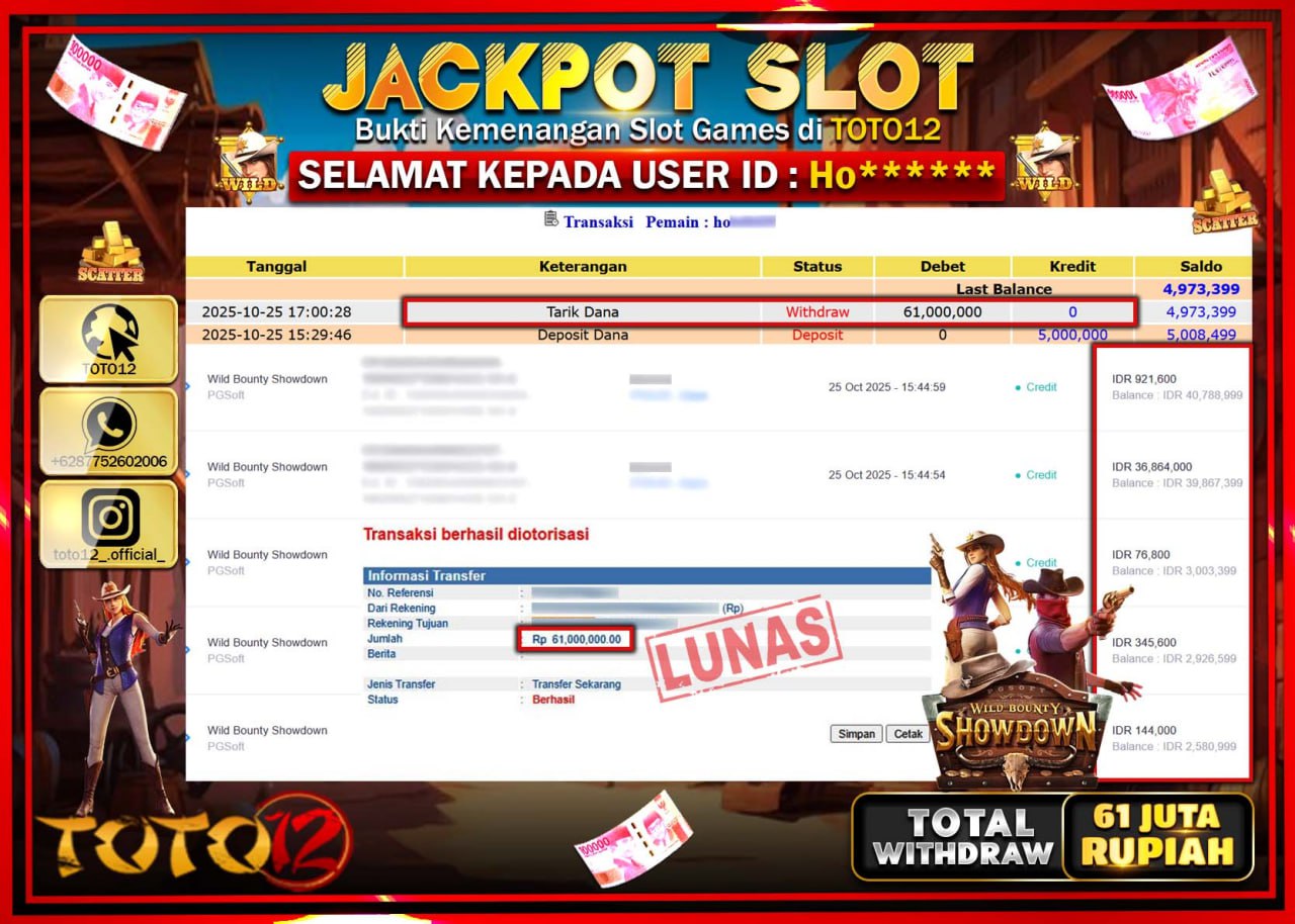 HANYA DI TOTO12 JP PASTI DI BAYAR LUNAS DAN CEPAT!!!!!! JACKPOT SLOT GAME (WILD BOUNTY SHOWDOWN) Rp.61.000.000 !!!!