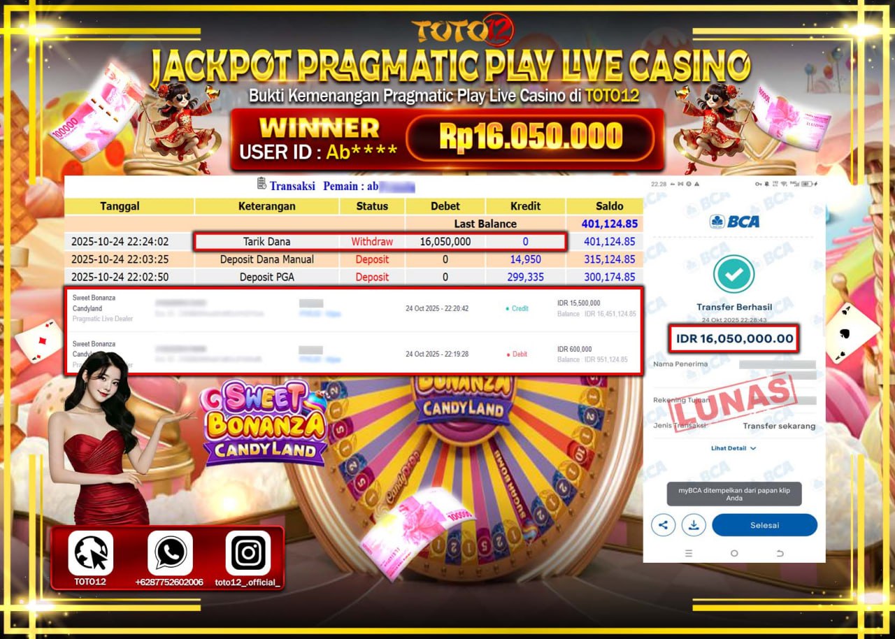 HANYA DI TOTO12 JP PASTI DI BAYAR LUNAS DAN CEPAT!!!!!! JACKPOT PRAGMATIC PLAY LIVE CASINO (SWEET BONANZA CANDYLAND) Rp.16.050.000 !!!!