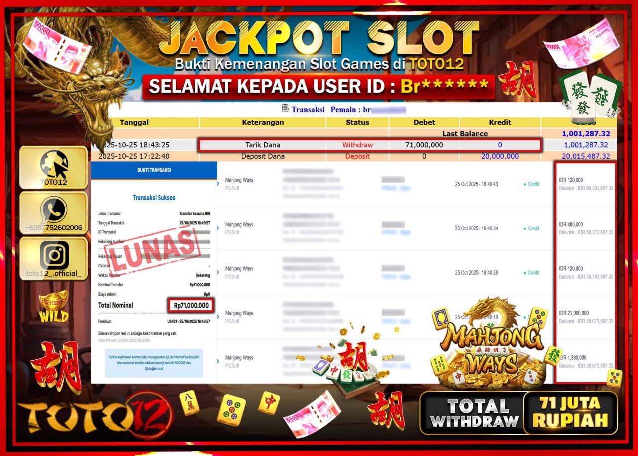 HANYA DI TOTO12 JP PASTI DI BAYAR LUNAS DAN CEPAT!!!!!! JACKPOT SLOT GAME (MAHJONG WAYS) Rp.71.000.000 !!!!
