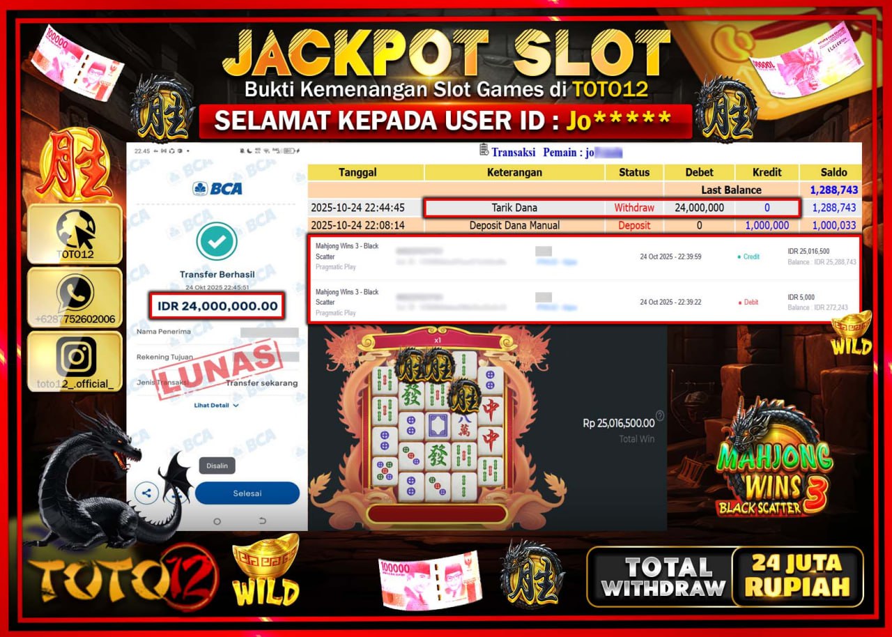 HANYA DI TOTO12 JP PASTI DI BAYAR LUNAS DAN CEPAT!!!!!! JACKPOT SLOT GAME (MAHJONG WINS 3 BLACK SCATTER) Rp.21.000.000 !!!!