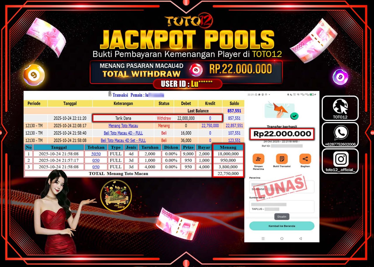 HANYA DI TOTO12 JP PASTI DI BAYAR LUNAS DAN CEPAT!!!!!! JACKPOT POOLS PASARAN (MACAU 4D) Rp.22.000.000 !!!!