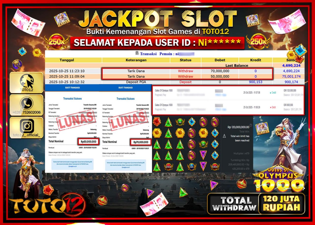 HANYA DI TOTO12 JP PASTI DI BAYAR LUNAS DAN CEPAT!!!!!! JACKPOT SLOT GAME (GATES OF OLYMPUS 1000) Rp.120.000.000 !!!!