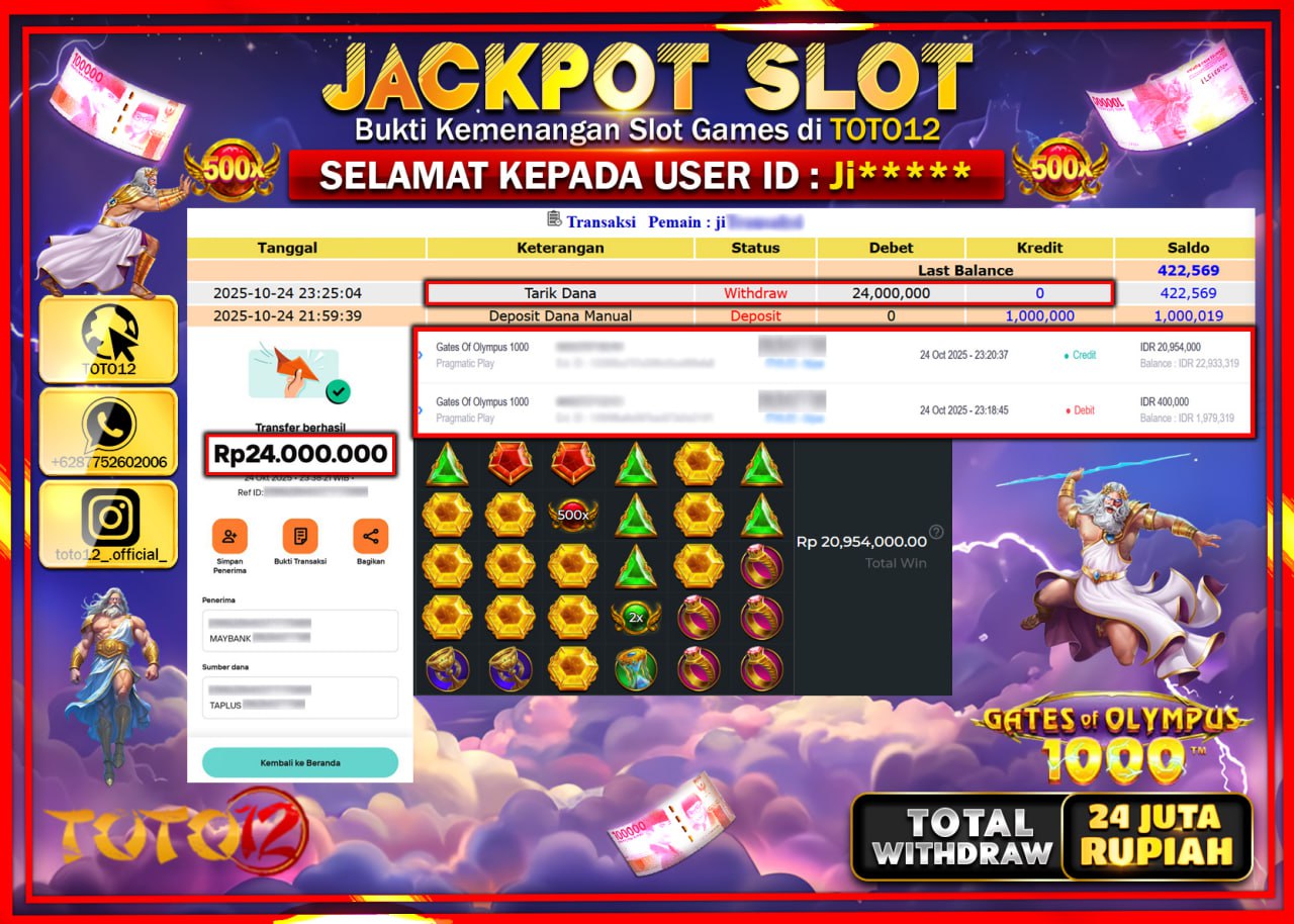 HANYA DI TOTO12 JP PASTI DI BAYAR LUNAS DAN CEPAT!!!!!! JACKPOT SLOT GAME (GATES OF OLYMPUS 1000) Rp.24.000.000 !!!!