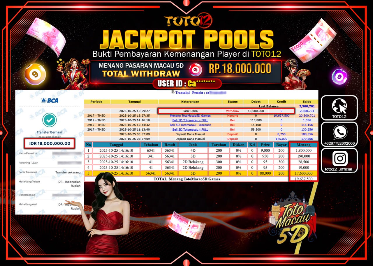 HANYA DI TOTO12 JP PASTI DI BAYAR LUNAS DAN CEPAT!!!!!! JACKPOT POOLS PASARAN (MACAU 5D) Rp.18.000.000 !!!!