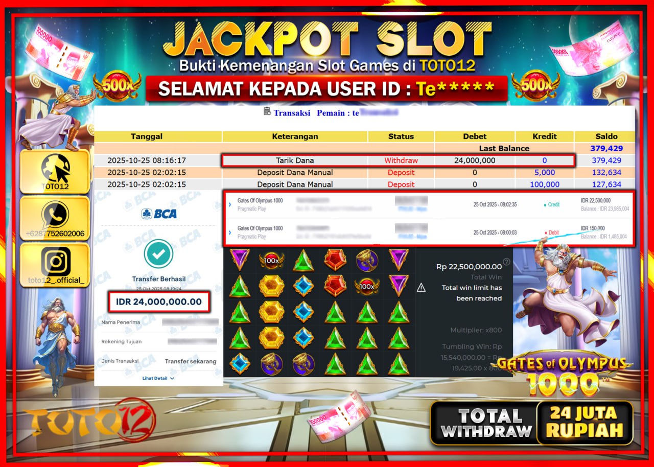 HANYA DI TOTO12 JP PASTI DI BAYAR LUNAS DAN CEPAT!!!!!! JACKPOT SLOT GAME (GATES OF OLYMPUS 1000) Rp.24.000.000 !!!!