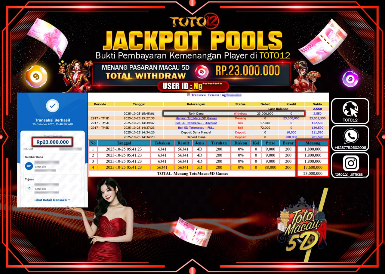 HANYA DI TOTO12 JP PASTI DI BAYAR LUNAS DAN CEPAT!!!!!! JACKPOT POOLS PASARAN (MACAU 5D) Rp.23.000.000 !!!!