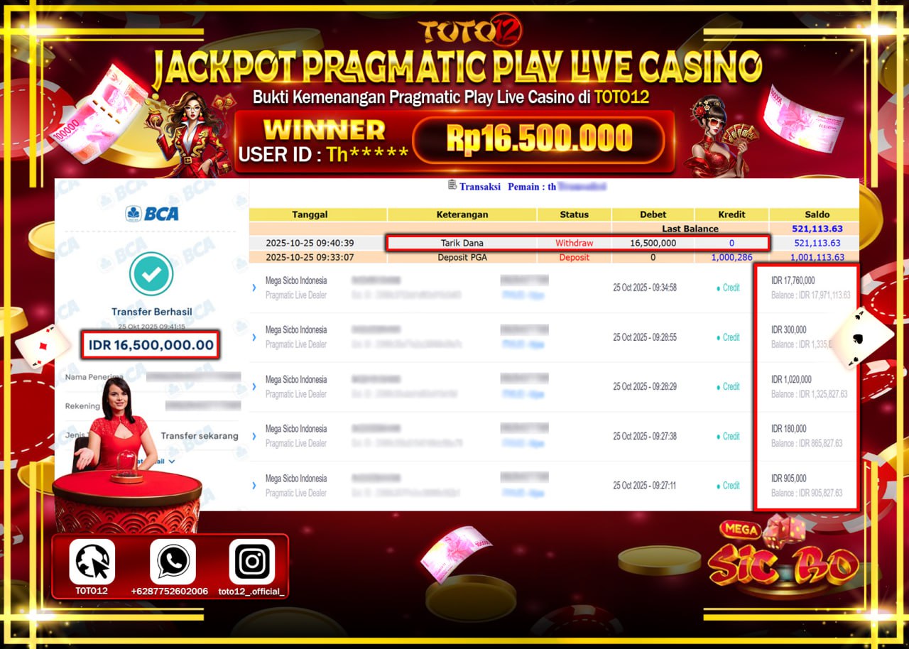 HANYA DI TOTO12 JP PASTI DI BAYAR LUNAS DAN CEPAT!!!!!! JACKPOT PRAGMATIC PLAY LIVE CASINO (MEGA SICBO) Rp.16.500.000 !!!!