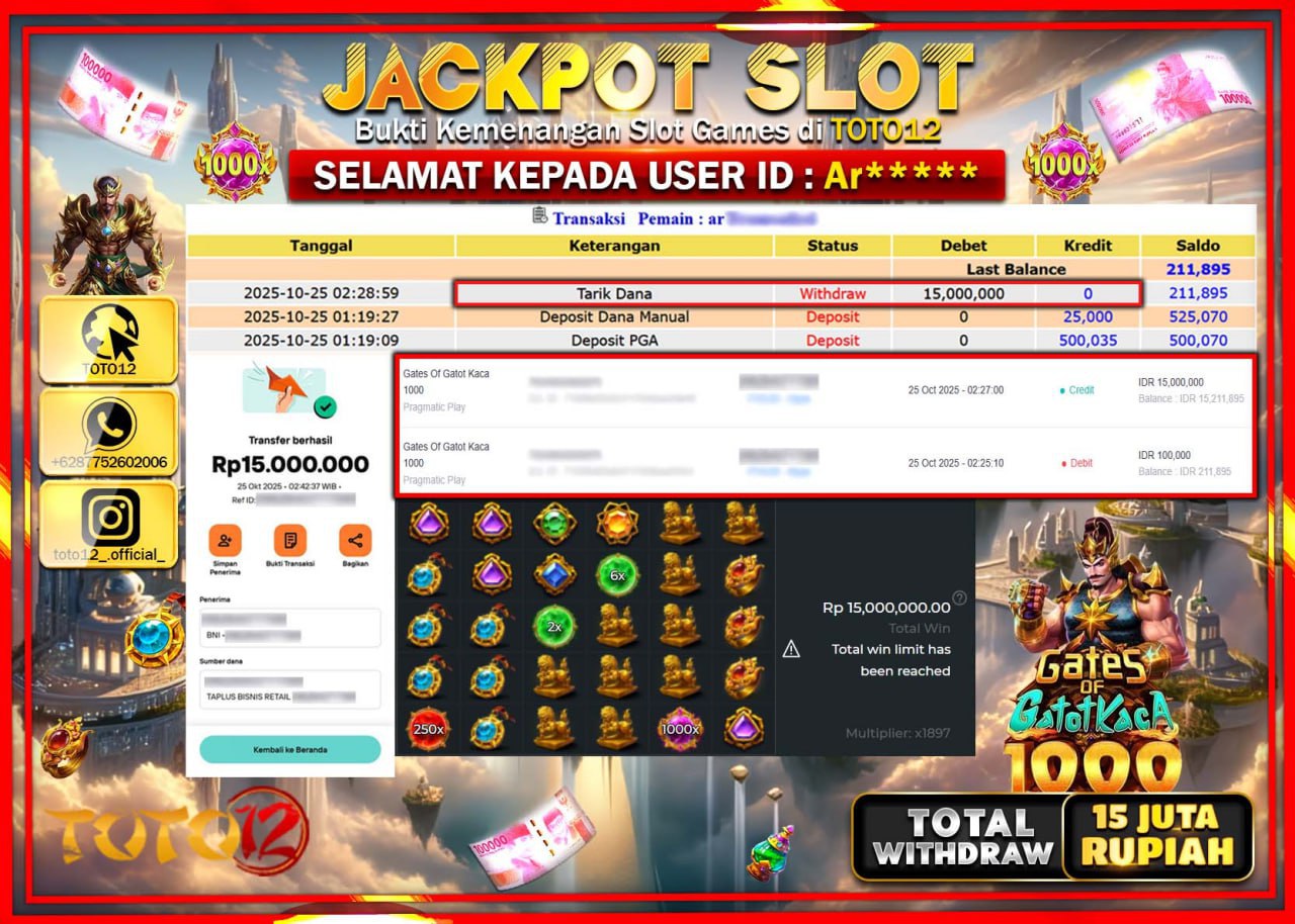 HANYA DI TOTO12 JP PASTI DI BAYAR LUNAS DAN CEPAT!!!!!! JACKPOT SLOT GAME (GATES OF GATOT KACA 1000) Rp.15.000.000 !!!!