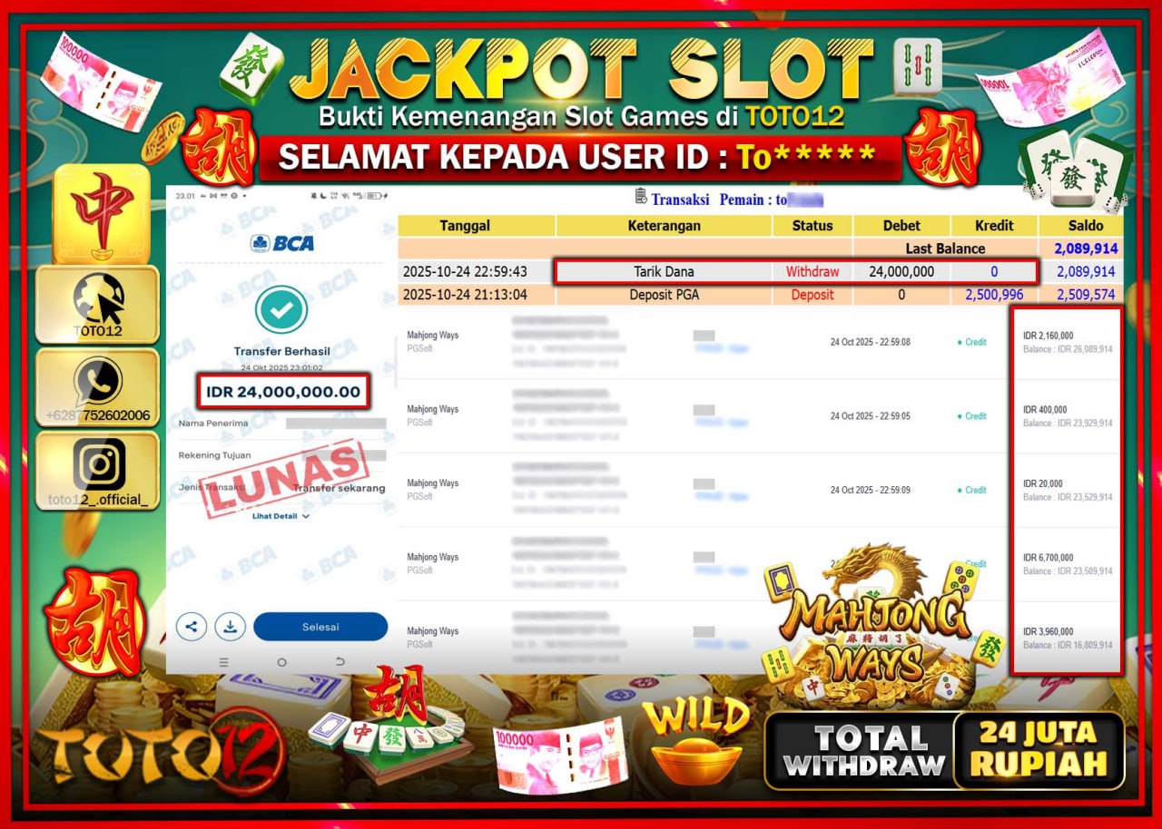 HANYA DI TOTO12 JP PASTI DI BAYAR LUNAS DAN CEPAT!!!!!! JACKPOT SLOT GAME (MAHJONG WAYS) Rp.24.000.000 !!!!