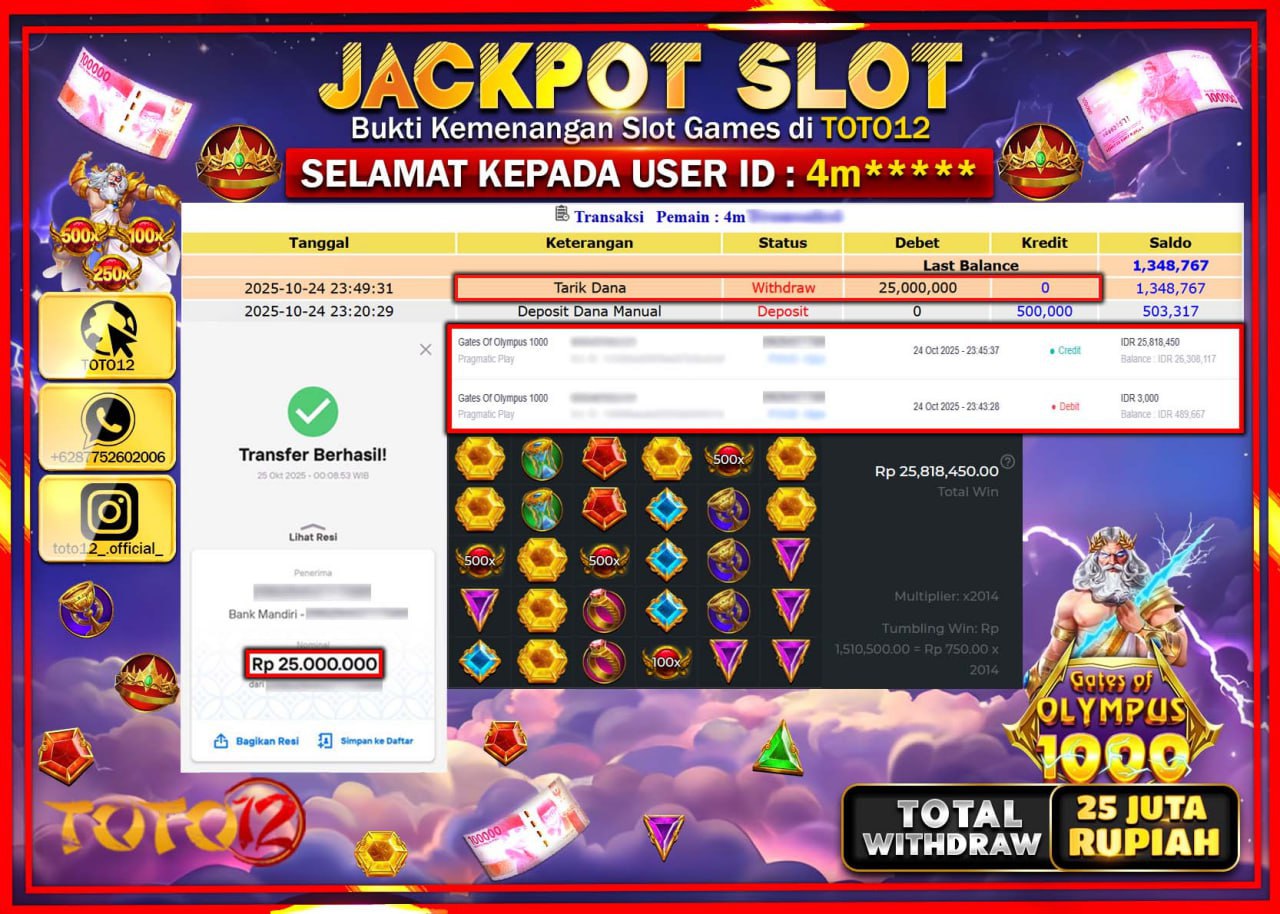 HANYA DI TOTO12 JP PASTI DI BAYAR LUNAS DAN CEPAT!!!!!! JACKPOT SLOT GAME (GATES OF OLYMPUS 1000) Rp.25.000.000 !!!!