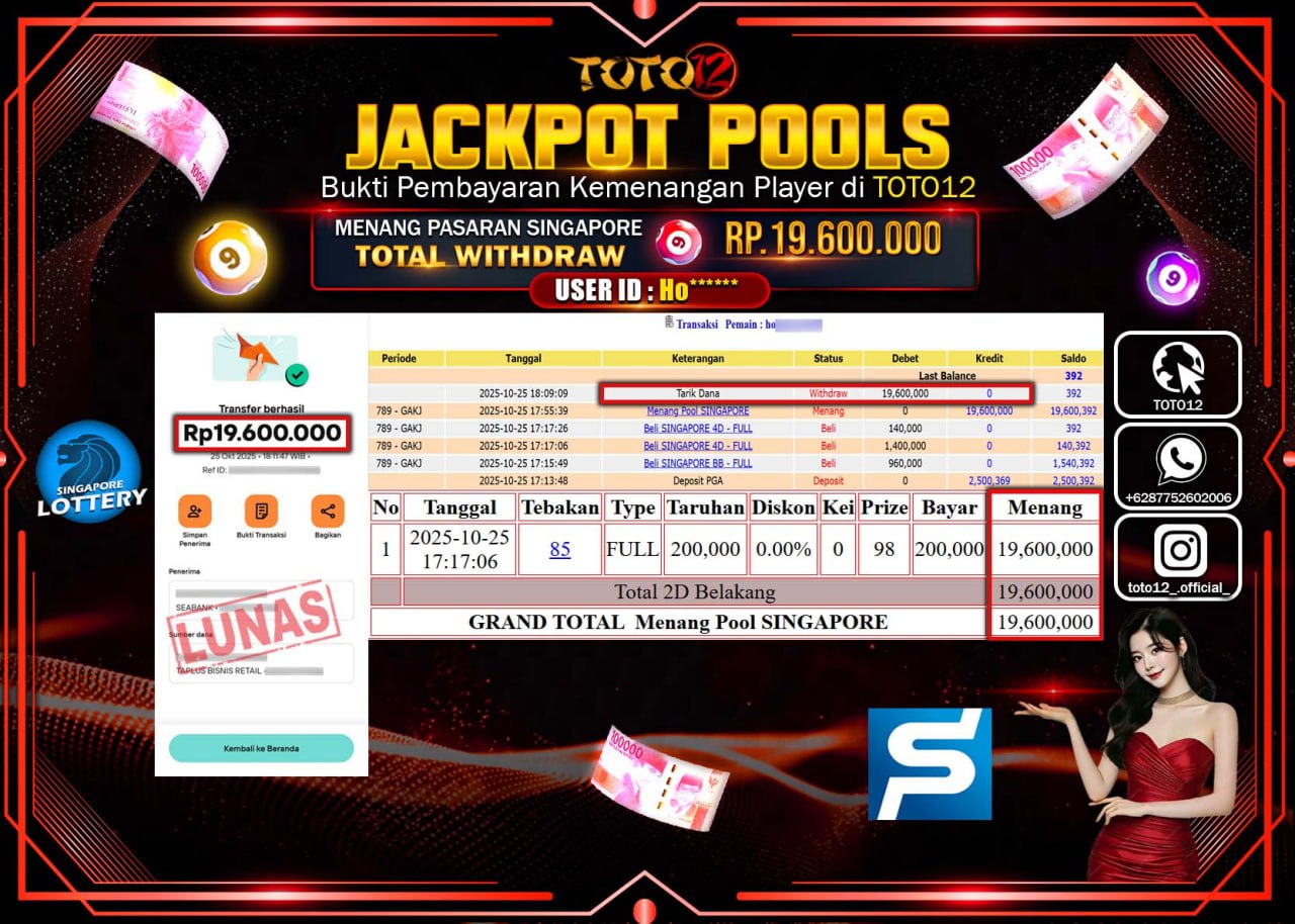 HANYA DI TOTO12 JP PASTI DI BAYAR LUNAS DAN CEPAT!!!!!! JACKPOT POOLS PASARAN (SINGAPORE) Rp.19.600.000 !!!!