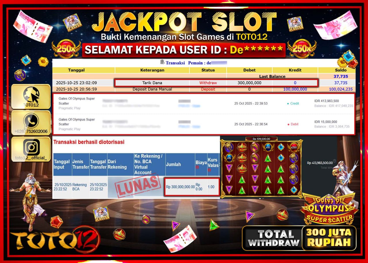 HANYA DI TOTO12 JP PASTI DI BAYAR LUNAS DAN CEPAT!!!!!! JACKPOT SLOT GAME (GATES OF OLYMPUS SUPER SCATTER) Rp.300.000.000 !!!!