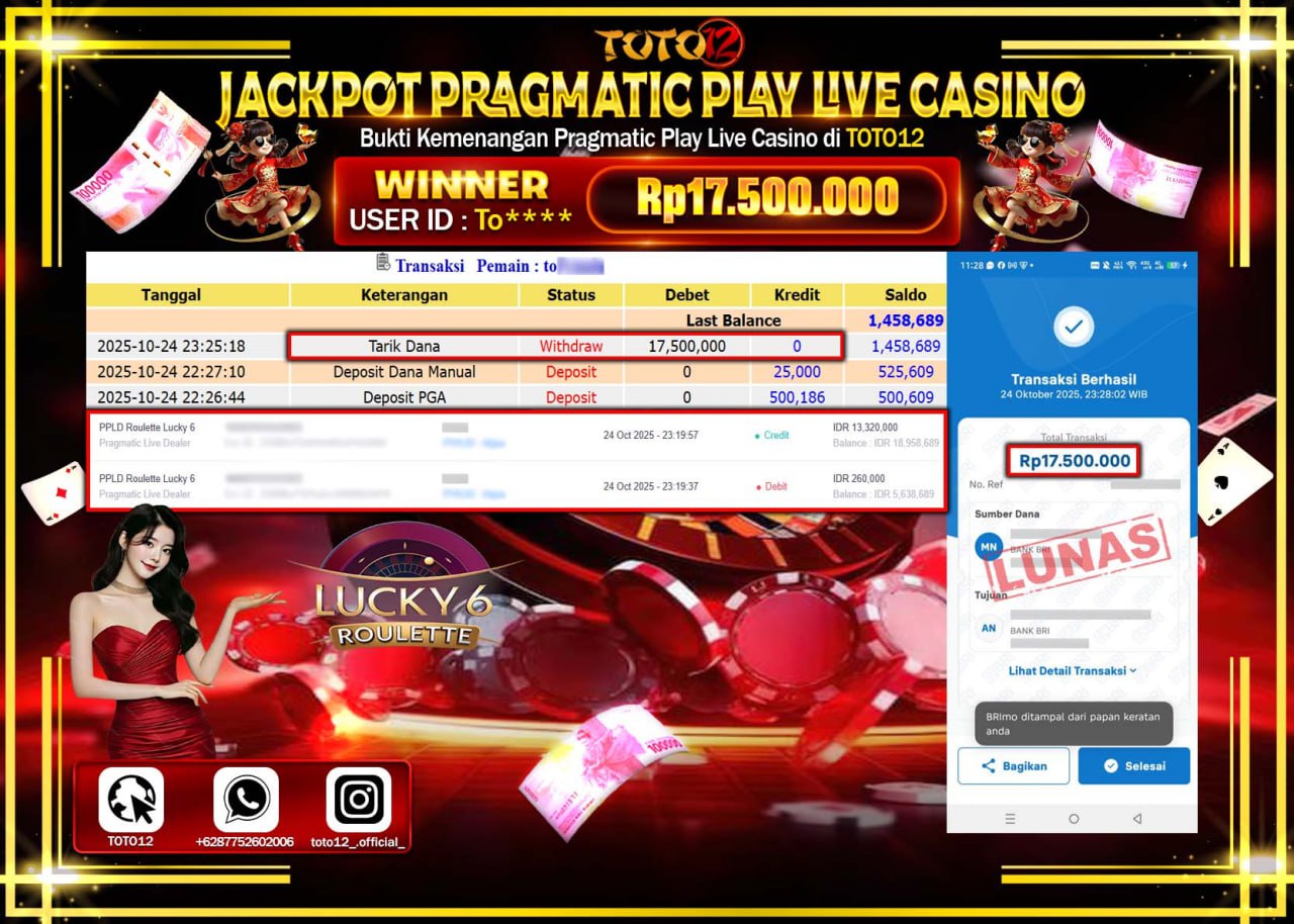 HANYA DI TOTO12 JP PASTI DI BAYAR LUNAS DAN CEPAT!!!!!! JACKPOT PRAGMATIC PLAY LIVE CASINO (ROULETTE LUCKY 6) Rp17.500.000 !!!!