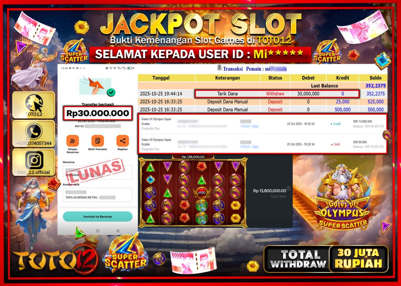 HANYA DI TOTO12 JP PASTI DI BAYAR LUNAS DAN CEPAT!!!!!! JACKPOT SLOT GAME (GATES OF OLYMPUS SUPER SCATTER) Rp.30.000.000 !!!!