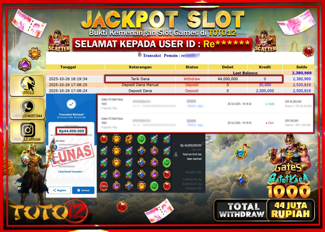 HANYA DI TOTO12 JP PASTI DI BAYAR LUNAS DAN CEPAT!!!!!! JACKPOT SLOT GAME (GATES OF GATOT KACA 1000) Rp.44.000.000 !!!!