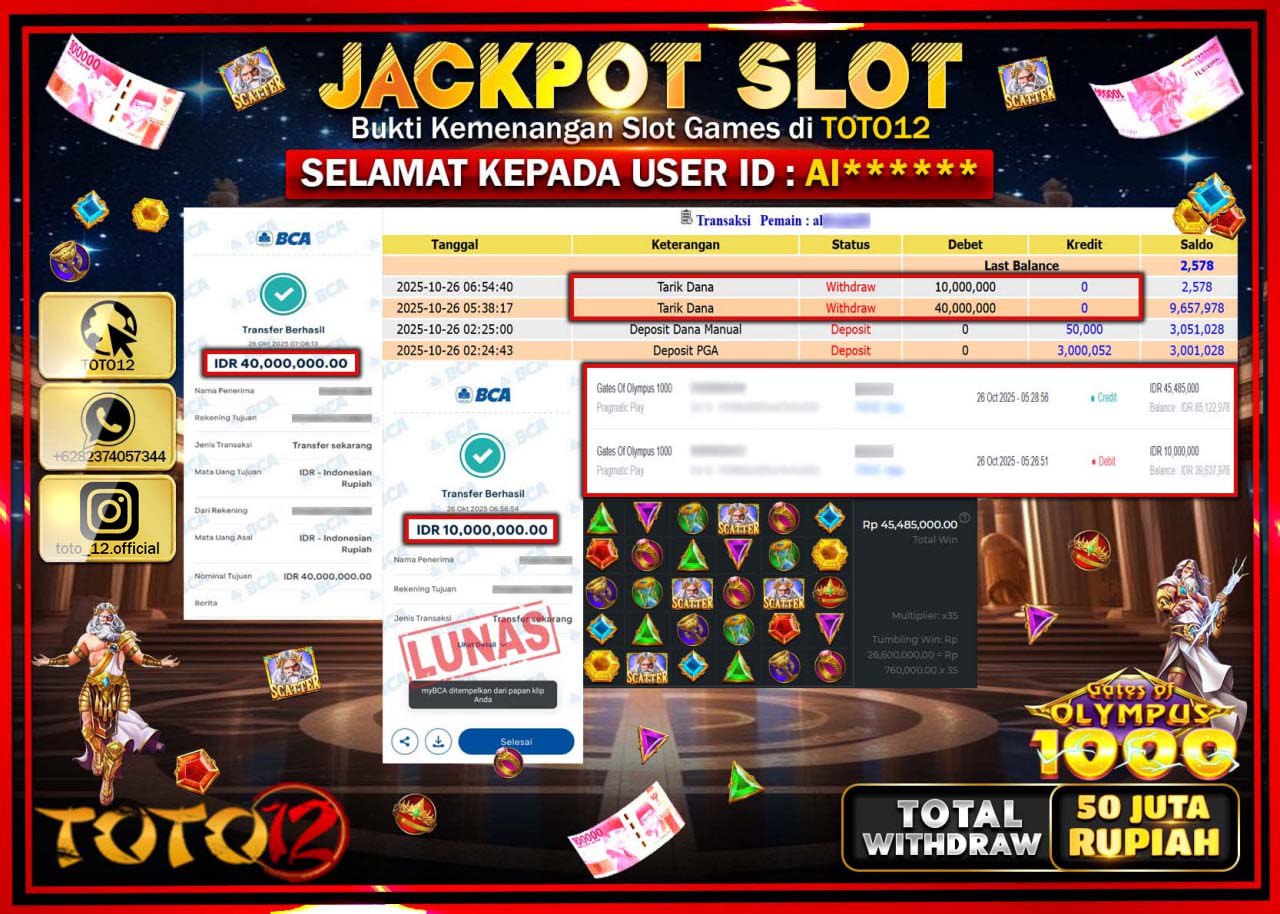 HANYA DI TOTO12 JP PASTI DI BAYAR LUNAS DAN CEPAT!!!!!! JACKPOT SLOT GAME (GATES OF OLYMPUS 1000) Rp.50.000.000 !!!!