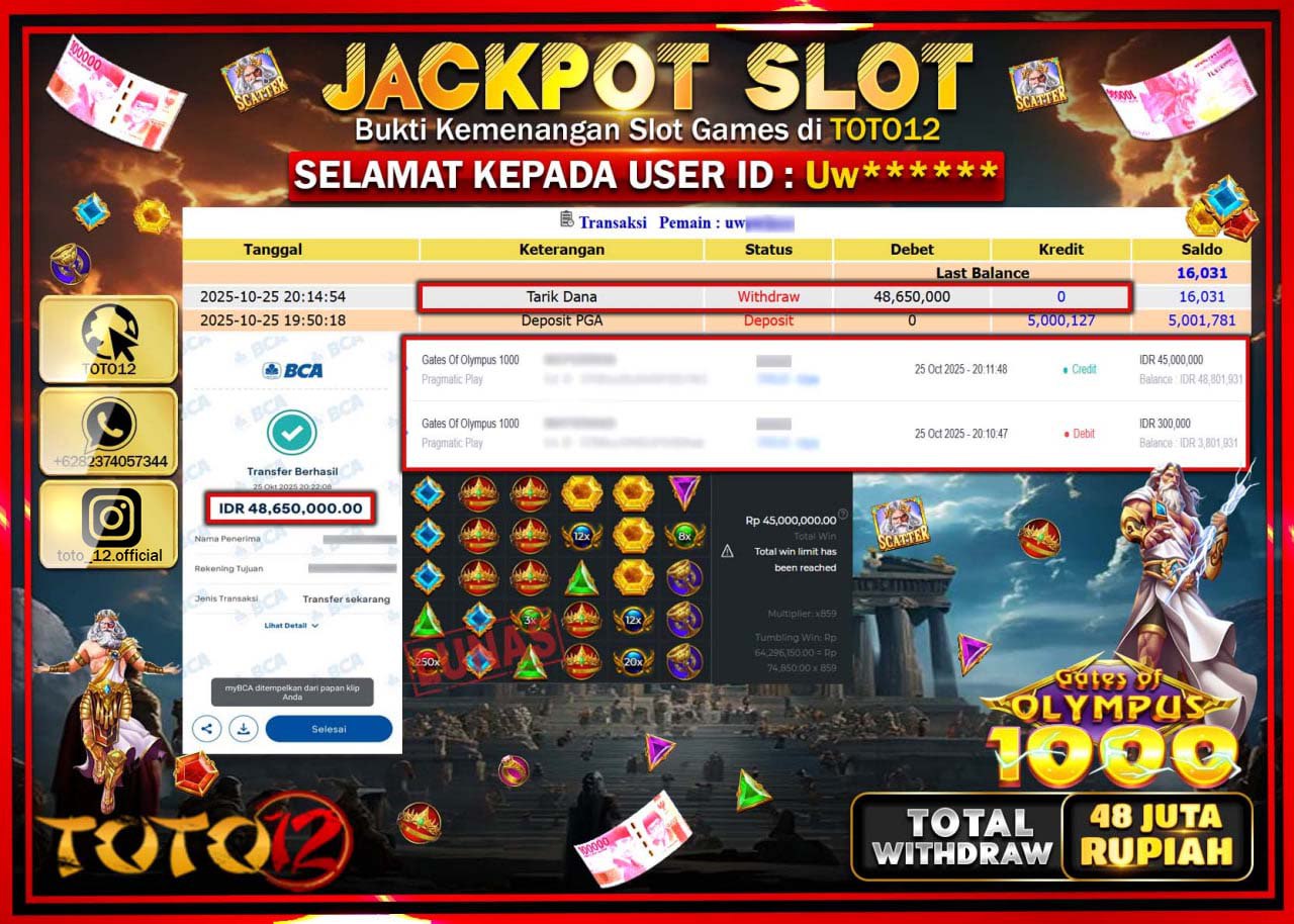 HANYA DI TOTO12 JP PASTI DI BAYAR LUNAS DAN CEPAT!!!!!! JACKPOT SLOT GAME (GATES OF OLYMPUS 1000) Rp.48.650.000 !!!!