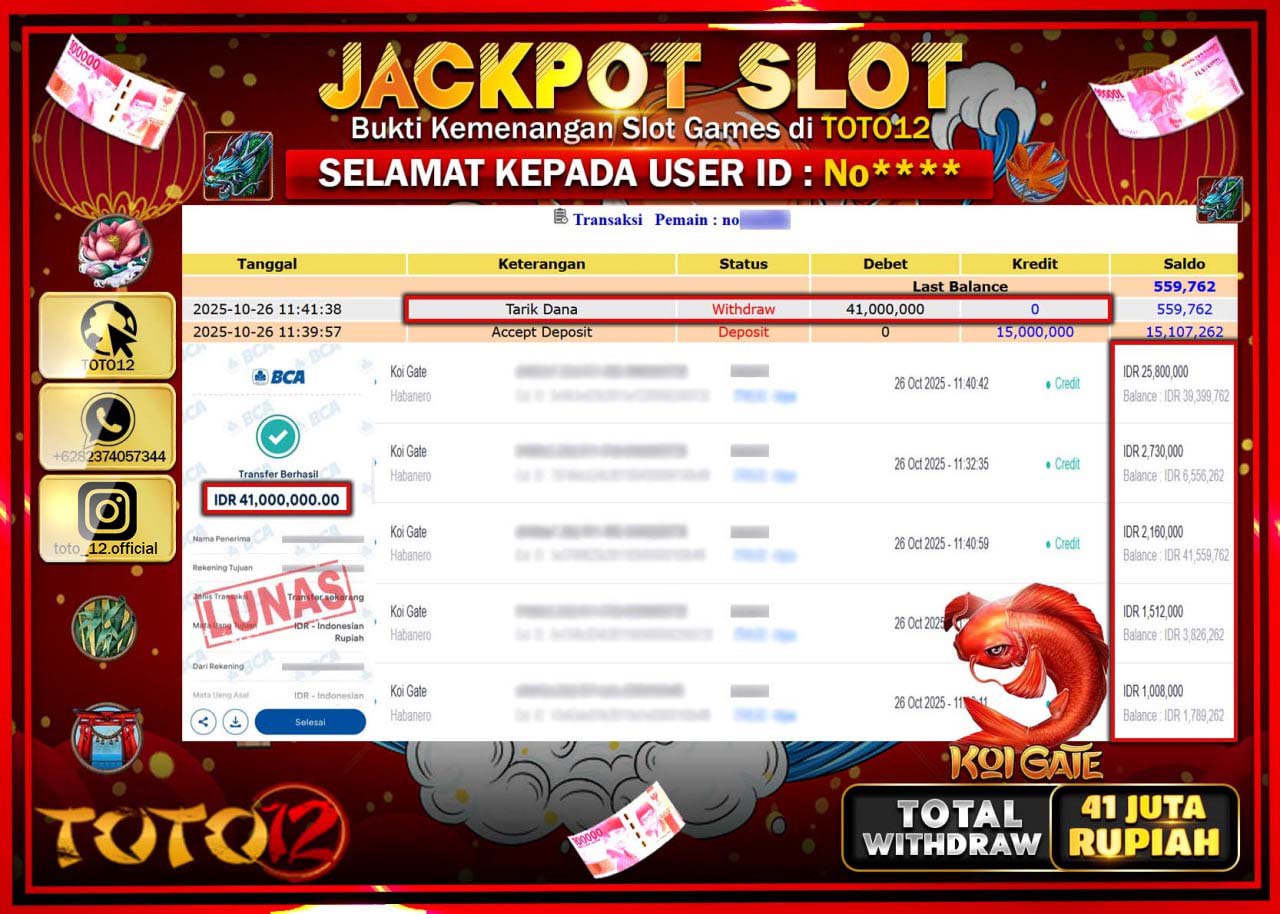 HANYA DI TOTO12 JP PASTI DI BAYAR LUNAS DAN CEPAT!!!!!! JACKPOT SLOT GAME (KOI GATE) Rp.41.000.000 !!!!