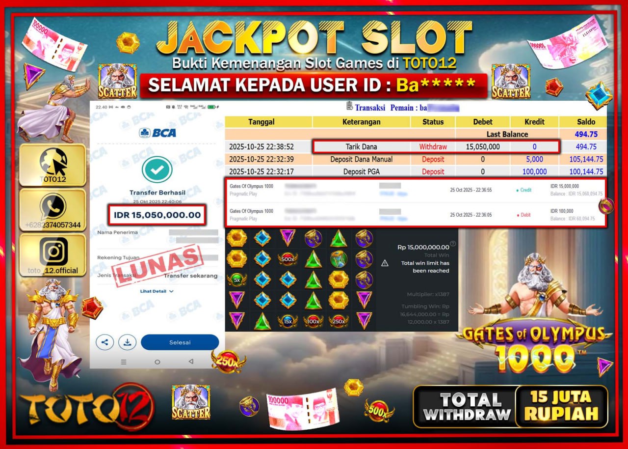 HANYA DI TOTO12 JP PASTI DI BAYAR LUNAS DAN CEPAT!!!!!! JACKPOT SLOT GAME (GATES OF OLYMPUS 1000) Rp.15.050.000 !!!!