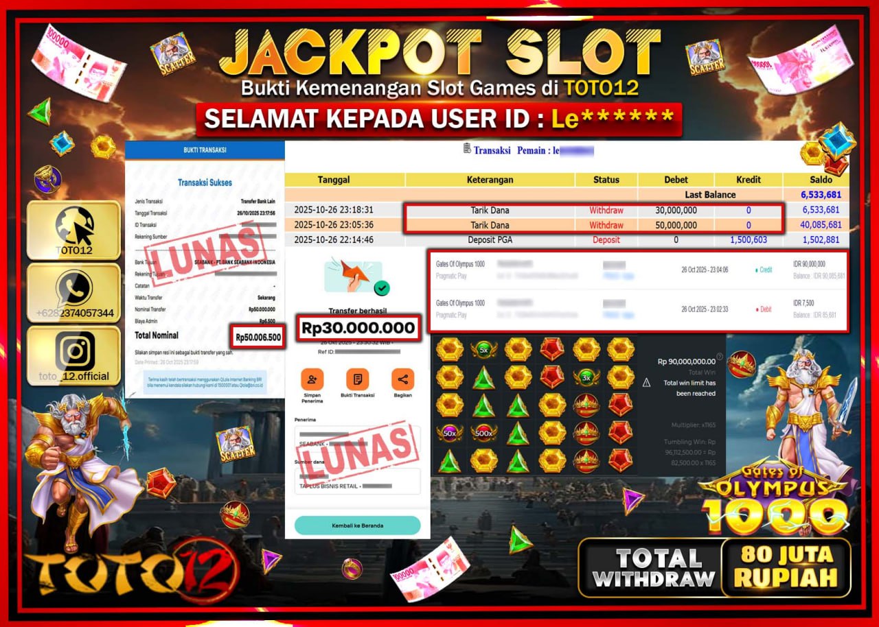 HANYA DI TOTO12 JP PASTI DI BAYAR LUNAS DAN CEPAT!!!!!! JACKPOT SLOT GAME (GATES OF OLYMPUS 1000) Rp.80.000.000 !!!!