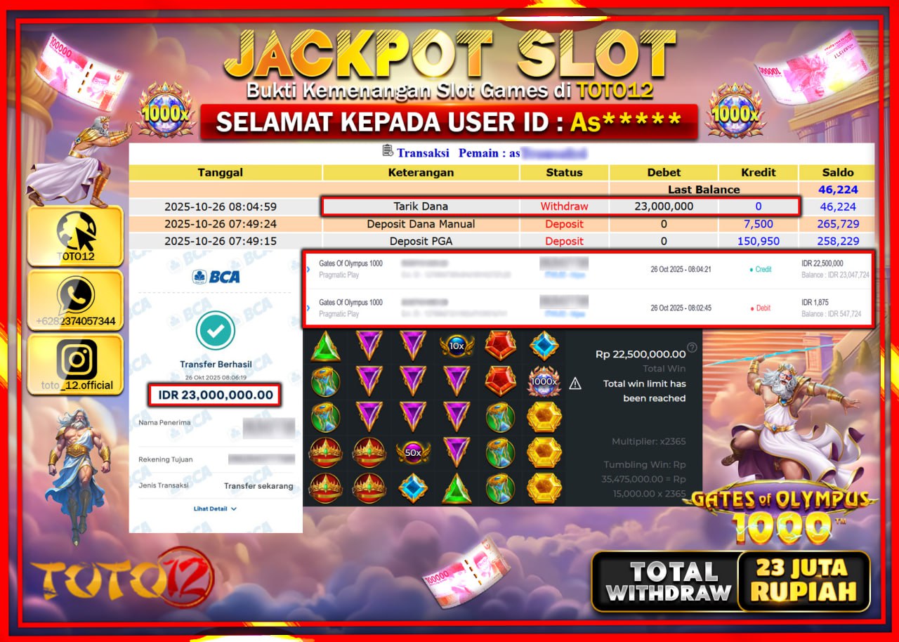 HANYA DI TOTO12 JP PASTI DI BAYAR LUNAS DAN CEPAT!!!!!! JACKPOT SLOT GAME (GATES OF OLYMPUS 1000) Rp.23.000.000 !!!!