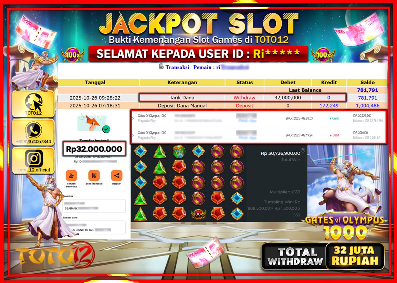 HANYA DI TOTO12 JP PASTI DI BAYAR LUNAS DAN CEPAT!!!!!! JACKPOT SLOT GAME (GATES OF OLYMPUS 1000) Rp.32.000.000 !!!!