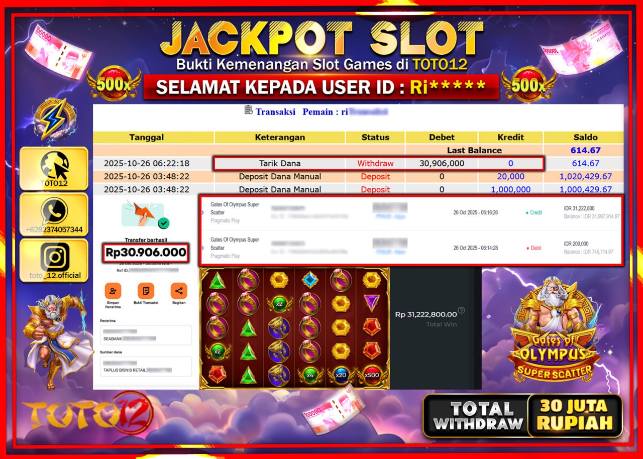 HANYA DI TOTO12 JP PASTI DI BAYAR LUNAS DAN CEPAT!!!!!! JACKPOT SLOT GAME (GATES OF OLYMPUS SUPER SCATTER) Rp.30.906.000 !!!!