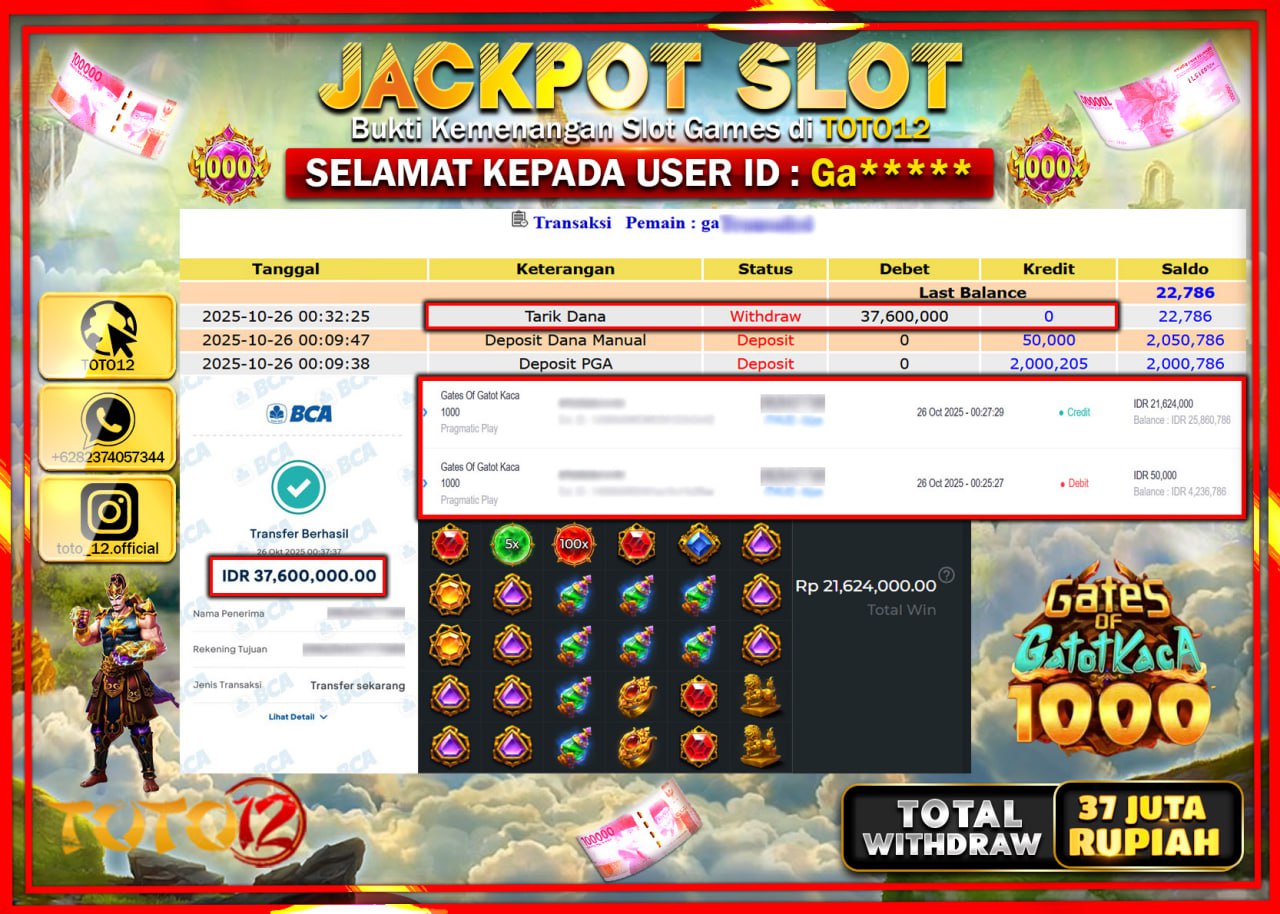 HANYA DI TOTO12 JP PASTI DI BAYAR LUNAS DAN CEPAT!!!!!! JACKPOT SLOT GAME (GATES OF GATOT KACA 1000) Rp.37.600.000 !!!!
