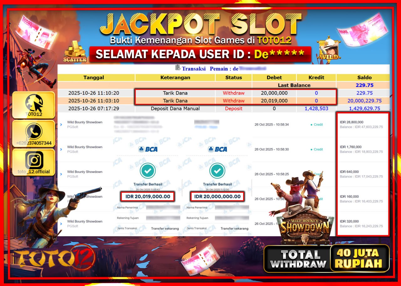 HANYA DI TOTO12 JP PASTI DI BAYAR LUNAS DAN CEPAT!!!!!! JACKPOT SLOT GAME (WILD BOUNTY SHOWDOWN) Rp.40.019.000 !!!!