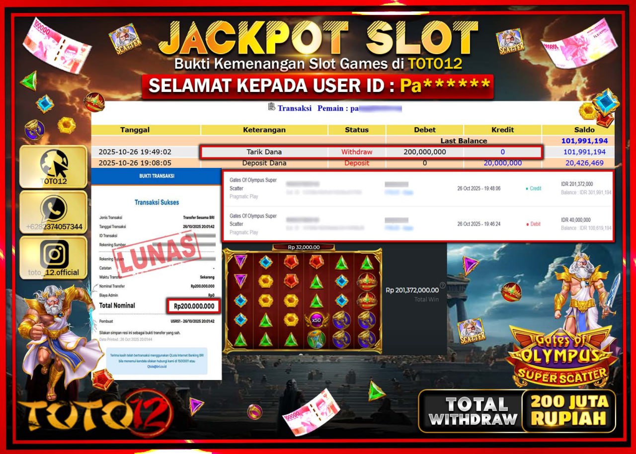 HANYA DI TOTO12 JP PASTI DI BAYAR LUNAS DAN CEPAT!!!!!! JACKPOT SLOT GAME (GATES OF OLYMPUS SUPER SCATTER) Rp.200.000.000 !!!!