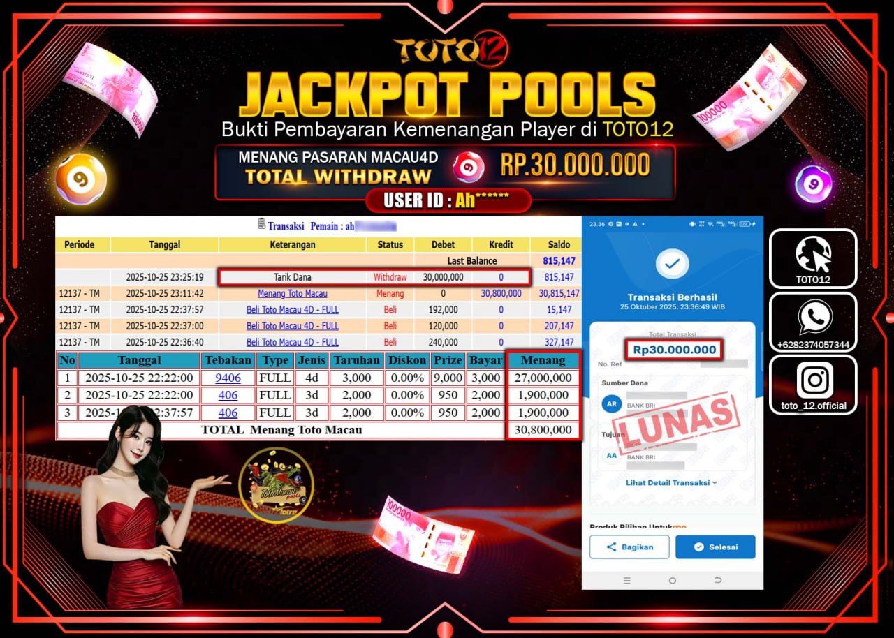 HANYA DI TOTO12 JP PASTI DI BAYAR LUNAS DAN CEPAT!!!!!! JACKPOT POOLS PASARAN (MACAU 4D) Rp.30.000.000 !!!!