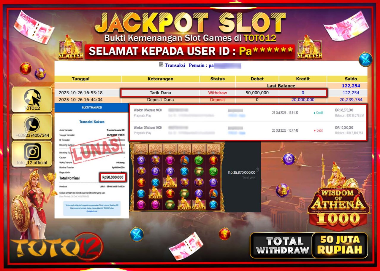 HANYA DI TOTO12 JP PASTI DI BAYAR LUNAS DAN CEPAT!!!!!! JACKPOT SLOT GAME (WISDOM OF ATHENA 1000) Rp.50.000.000 !!!!