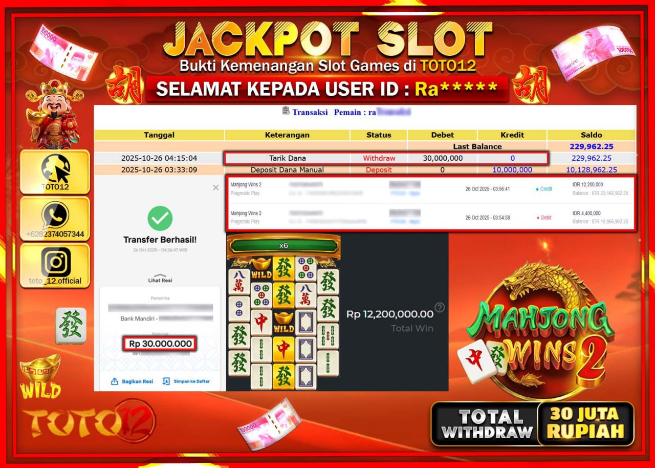 HANYA DI TOTO12 JP PASTI DI BAYAR LUNAS DAN CEPAT!!!!!! JACKPOT SLOT GAME (MAHJONG WINS 2) Rp.30.000.000 !!!!