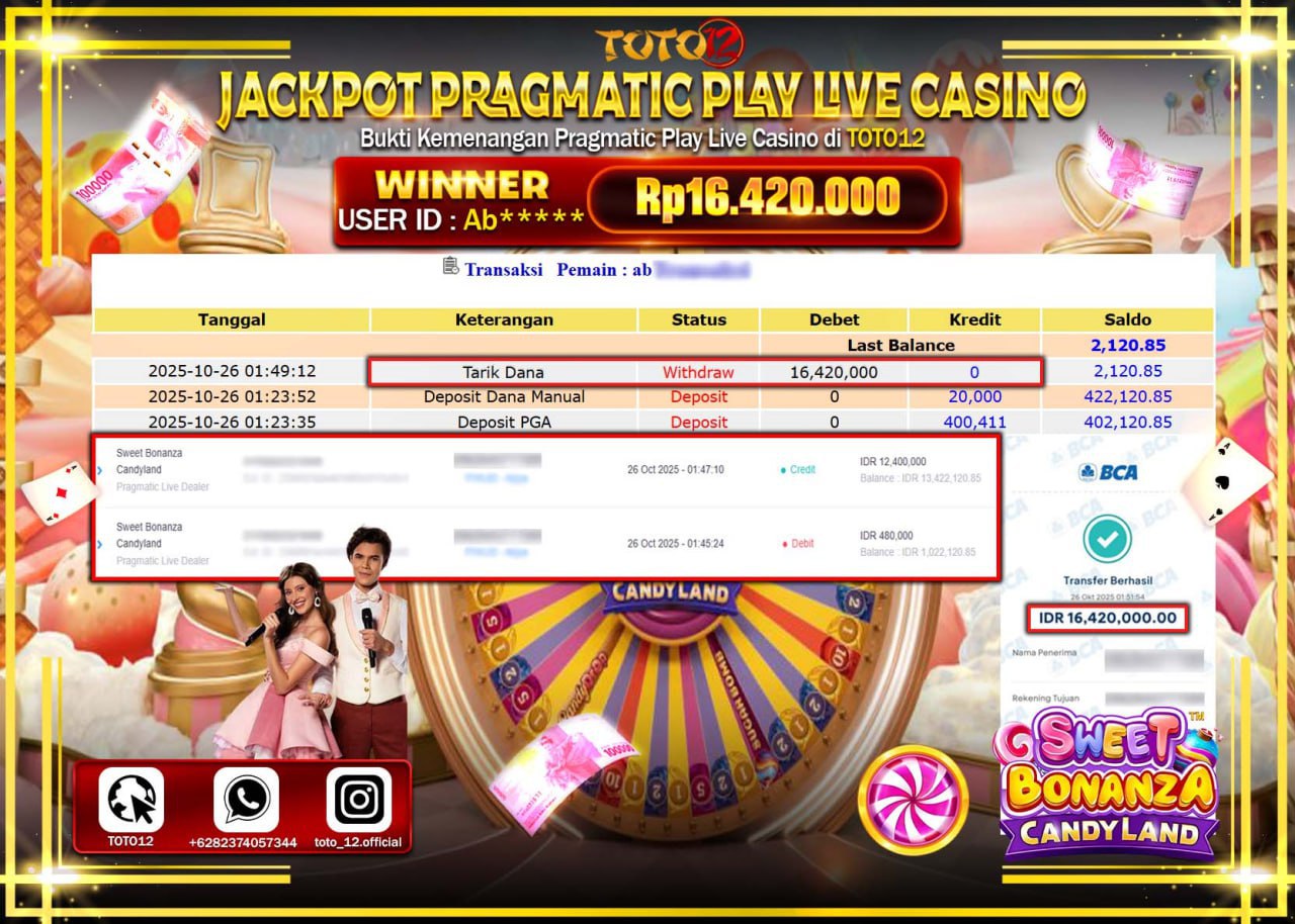 HANYA DI TOTO12 JP PASTI DI BAYAR LUNAS DAN CEPAT!!!!!! JACKPOT PRAGMATIC PLAY LIVE CASINO (SWEET BONANZA CANDYLAND) Rp.16.420.000 !!!!