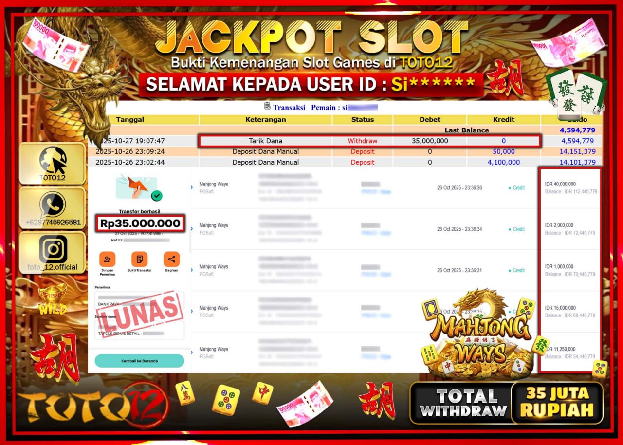 HANYA DI TOTO12 JP PASTI DI BAYAR LUNAS DAN CEPAT!!!!!! JACKPOT SLOT GAME (MAHJONG WAYS) Rp.35.000.000 !!!!