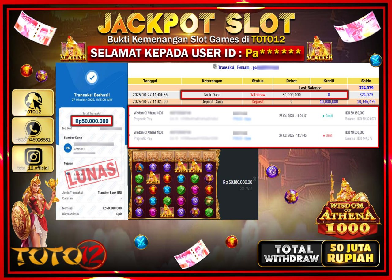 HANYA DI TOTO12 JP PASTI DI BAYAR LUNAS DAN CEPAT!!!!!! JACKPOT SLOT GAME (WISDOM OF ATHENA 1000) Rp.50.000.000 !!!!