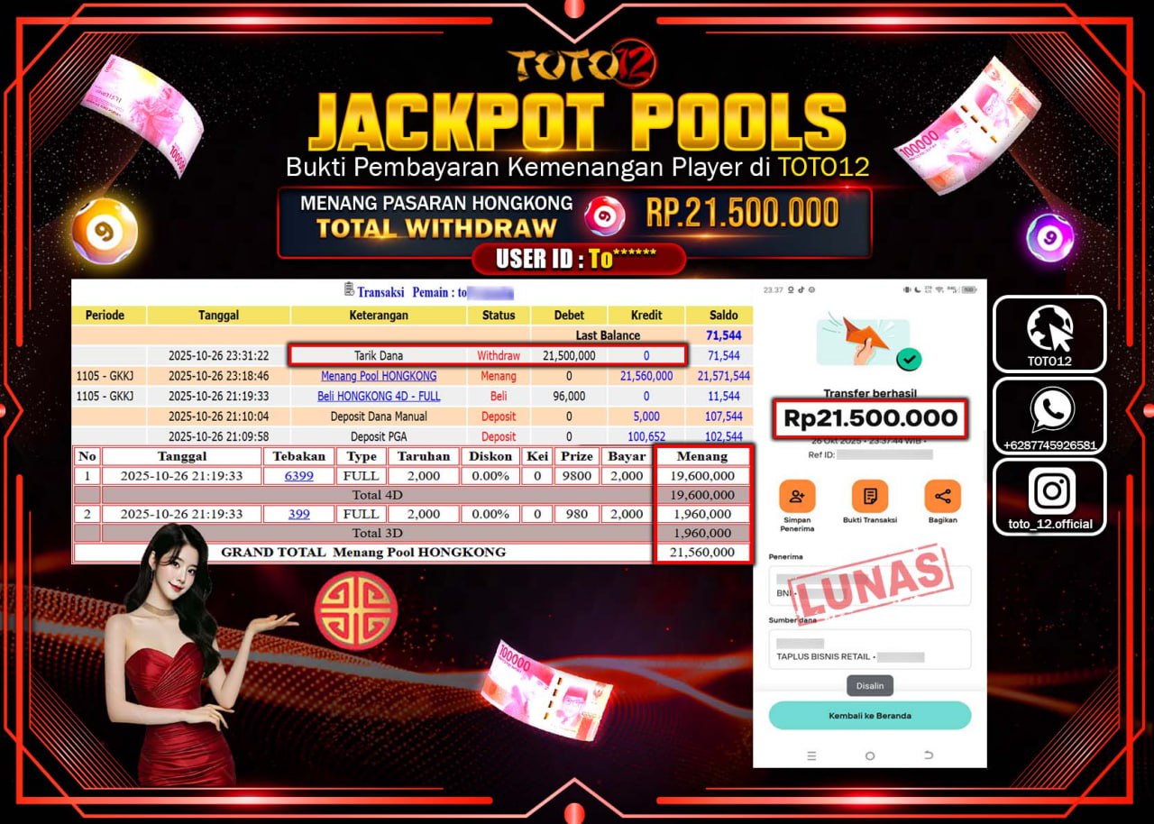 HANYA DI TOTO12 JP PASTI DI BAYAR LUNAS DAN CEPAT!!!!!! JACKPOT POOLS PASARAN (HONGKONG) Rp.21.500.000 !!!!