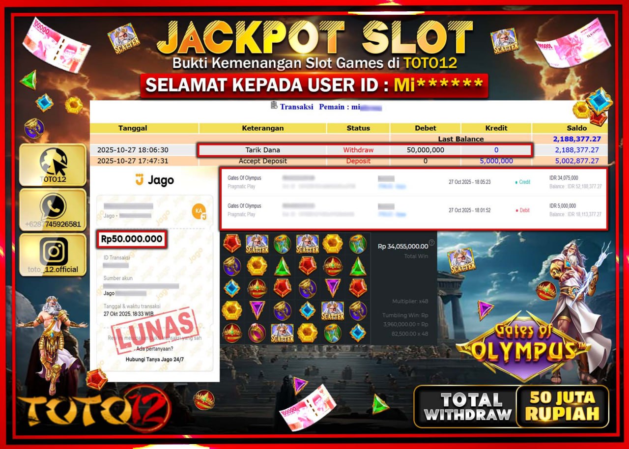 HANYA DI TOTO12 JP PASTI DI BAYAR LUNAS DAN CEPAT!!!!!! JACKPOT SLOT GAME (GATES OF OLYMPUS) Rp.50.000.000 !!!!