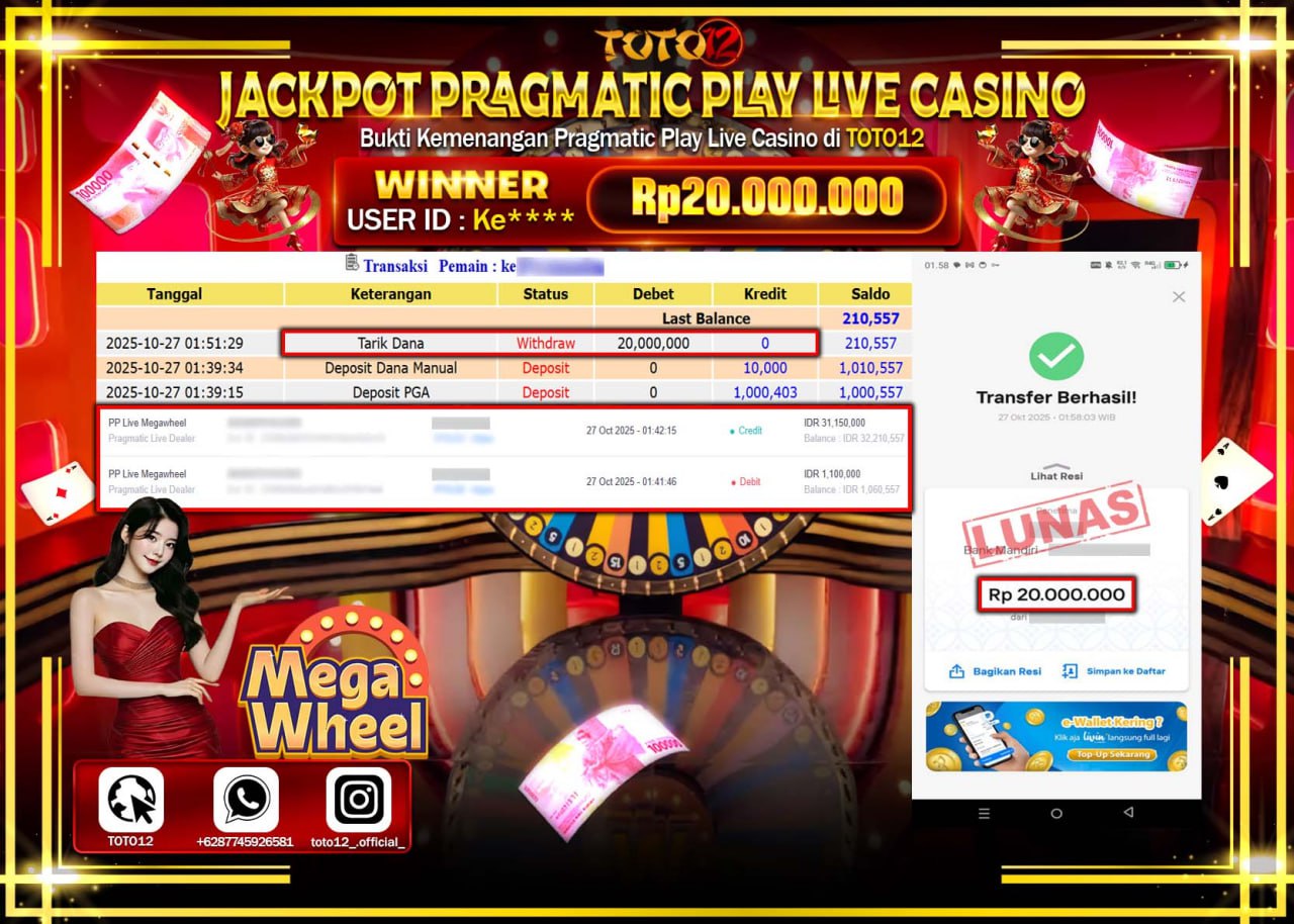HANYA DI TOTO12 JP PASTI DI BAYAR LUNAS DAN CEPAT!!!!!! JACKPOT PRAGMATIC PLAY LIVE CASINO (MEGA WHEEL) Rp.20.000.000 !!!!
