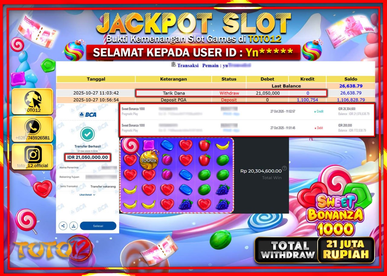 HANYA DI TOTO12 JP PASTI DI BAYAR LUNAS DAN CEPAT!!!!!! JACKPOT SLOT GAME (SWEET BONANZA 1000) Rp.21.050.000 !!!!