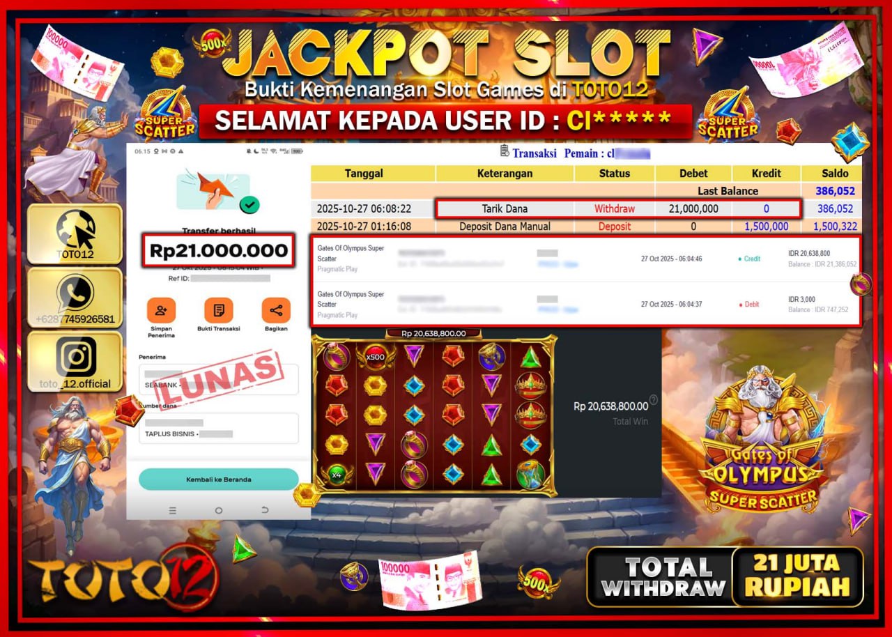HANYA DI TOTO12 JP PASTI DI BAYAR LUNAS DAN CEPAT!!!!!! JACKPOT SLOT GAME (GATES OF OLYMPUS SUPER SCATTER) Rp.21.000.000 !!!!